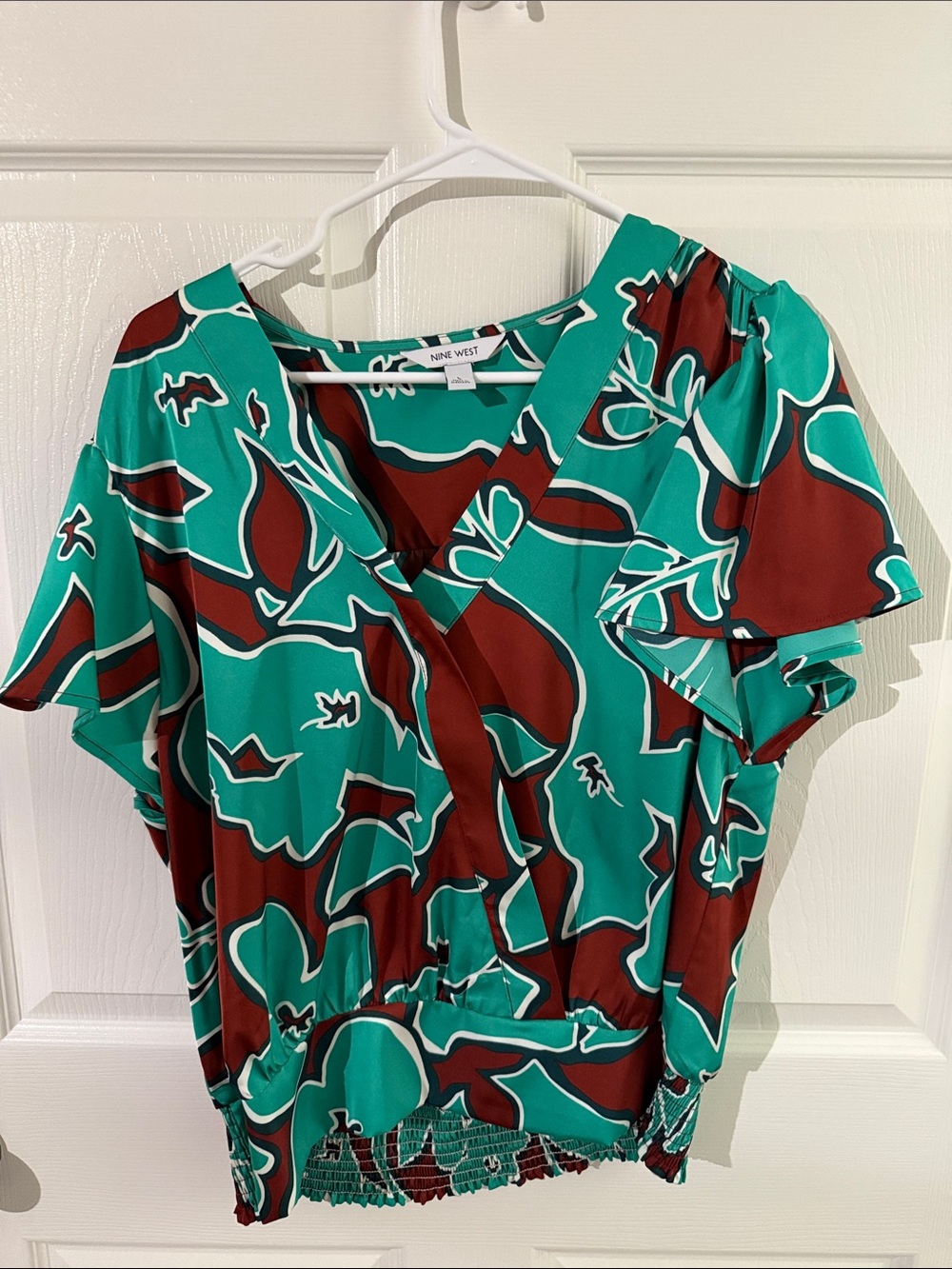 Nine West Teal and Brick Red Floral Wrap Blouse